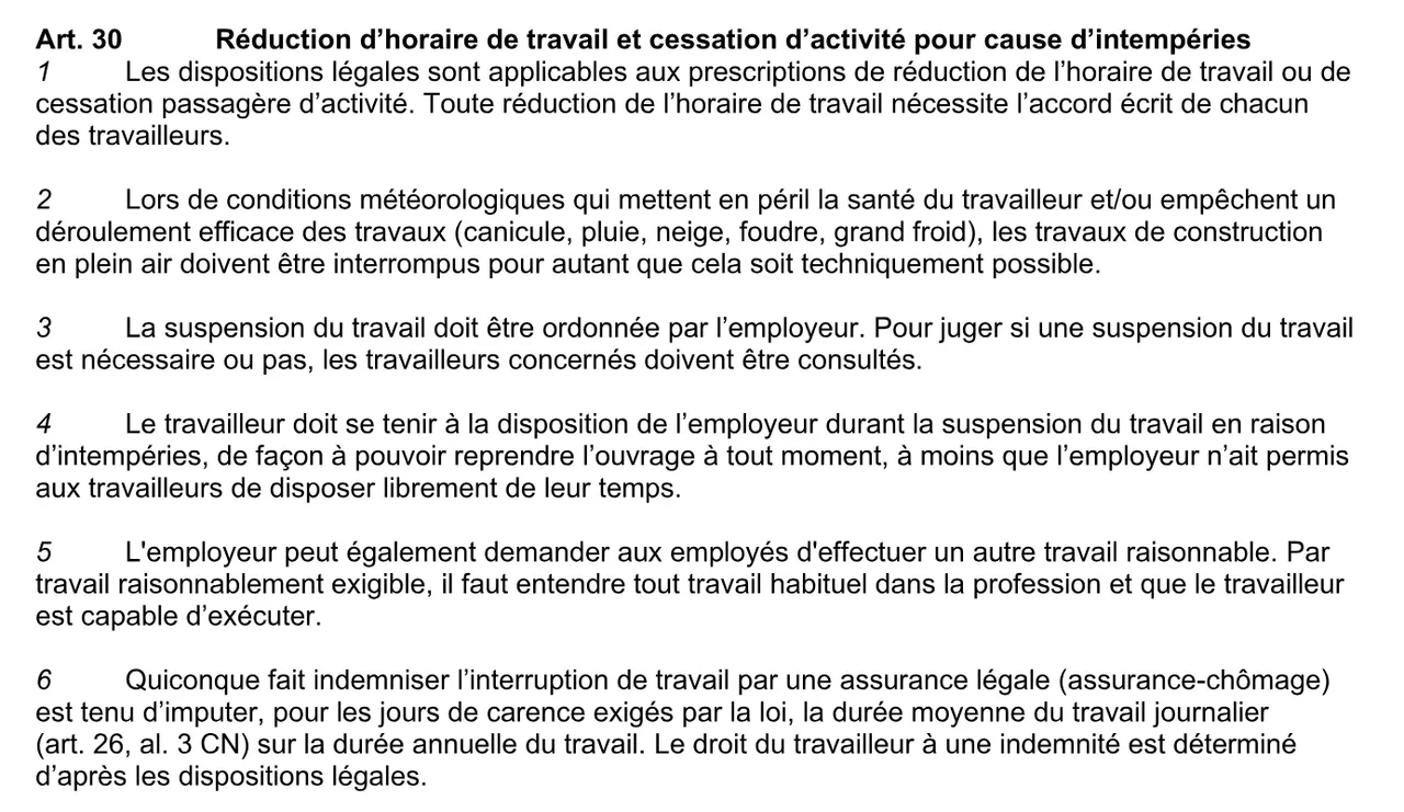 Article 30 de la Convention nationale 2026-2031 : par canicule, pluie, neige, foudre ou grand froid, les travaux en plein air sont interrompus, l'employeur décide après avoir consulté les travailleurs, qui restent à sa disposition