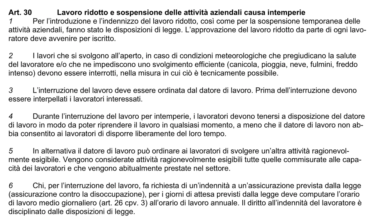 Articolo 30 del Contratto nazionale mantello 2026–2031: con canicola, pioggia, neve, fulmini o freddo intenso il lavoro all'aperto va interrotto, il datore di lavoro lo ordina dopo aver sentito i lavoratori, che restano a disposizione